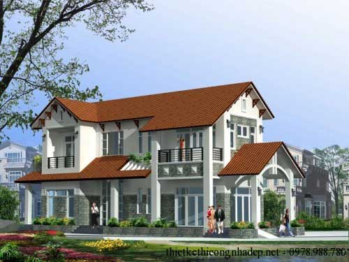 Mẫu nhà biệt thự 2 tầng 2 mặt tiền mái thái 7x21m